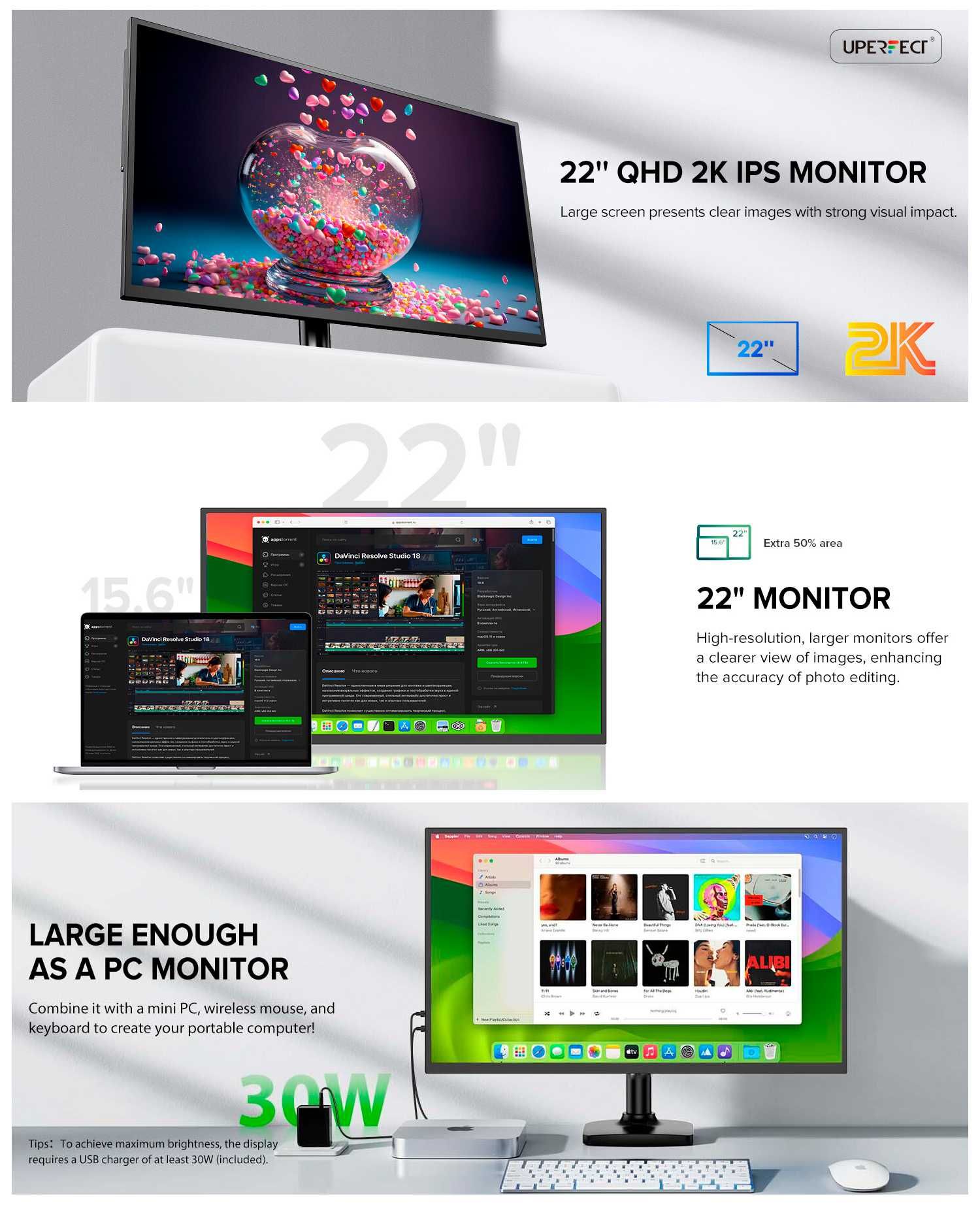 Портативний монітор UPERFECT UMax 22'' 2K IPS USB-C (Touch/No Touch)