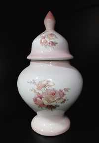 Pote decorativo em porcelana, decorado com flores, em tons de rosa