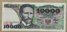 Banknot PRL 10000 zł 1 grudnia 1988 -1 seria CY (L3 -mniej dostępna)