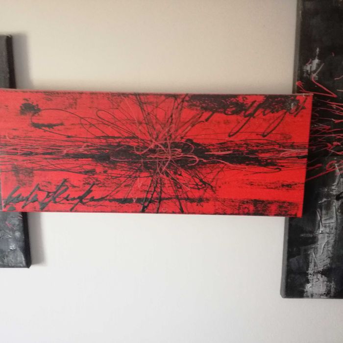 Obraz tryptyk abstrakcja nowoczesny szary czerwony olejny