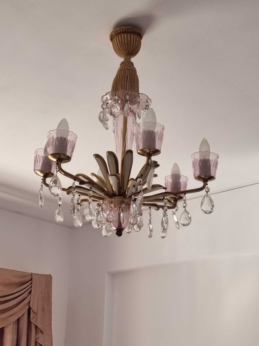 Candeeiro de teto vintage em cristal e latão – 6 braços