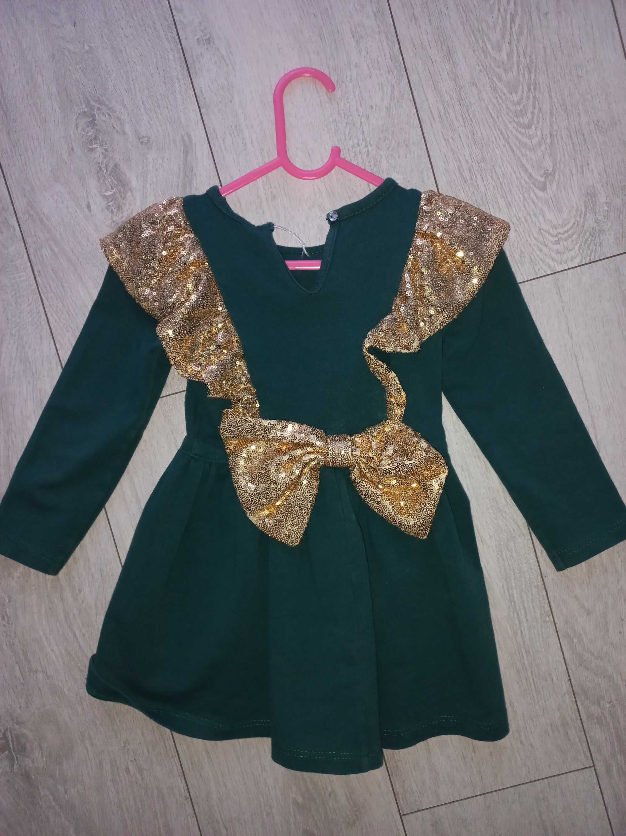 Sukienki dla sióstr , handmade zielona,falbanka,cekiny104 i 122/128