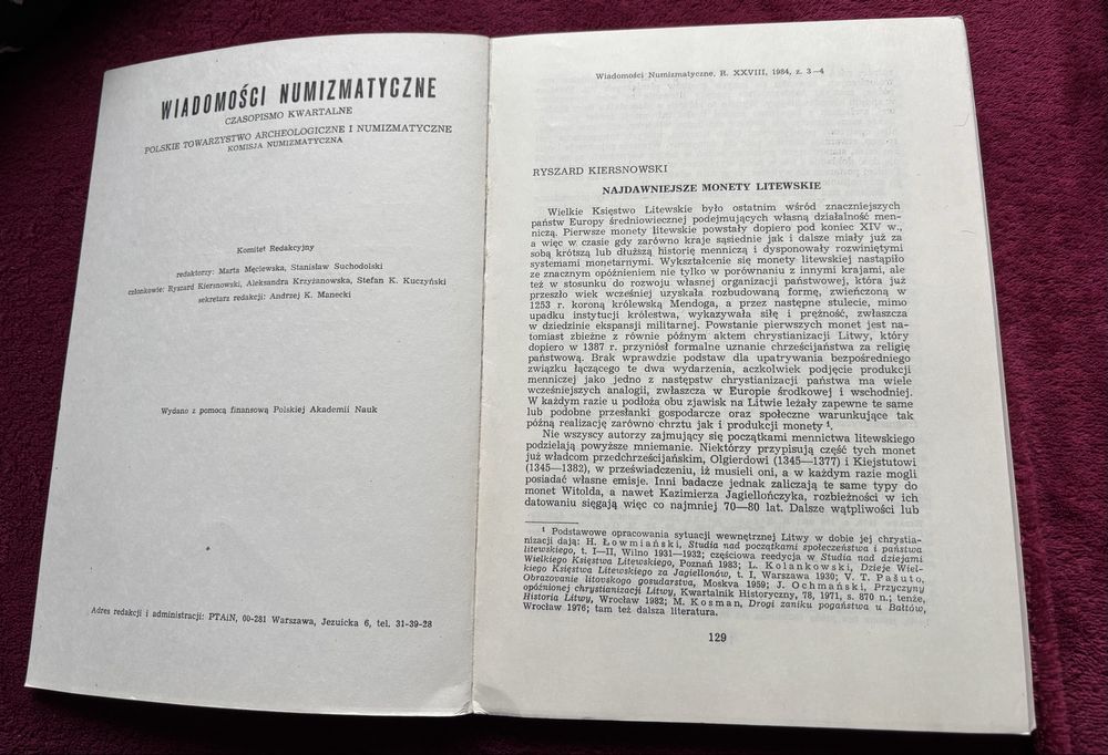 Zeszyt Wiadomosci numizmatyczne rok XXVIII zeszyt 3-4 (109-110)