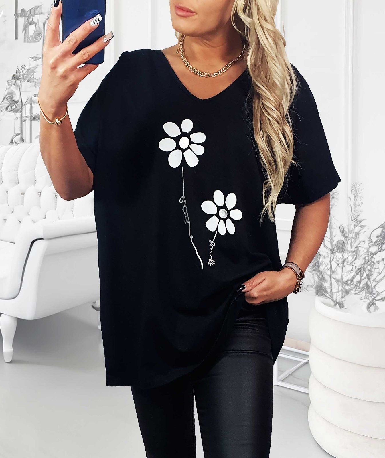 Bluzka plus size tunika t-shirt kwiaty wiele kolorów 48/50/52/54