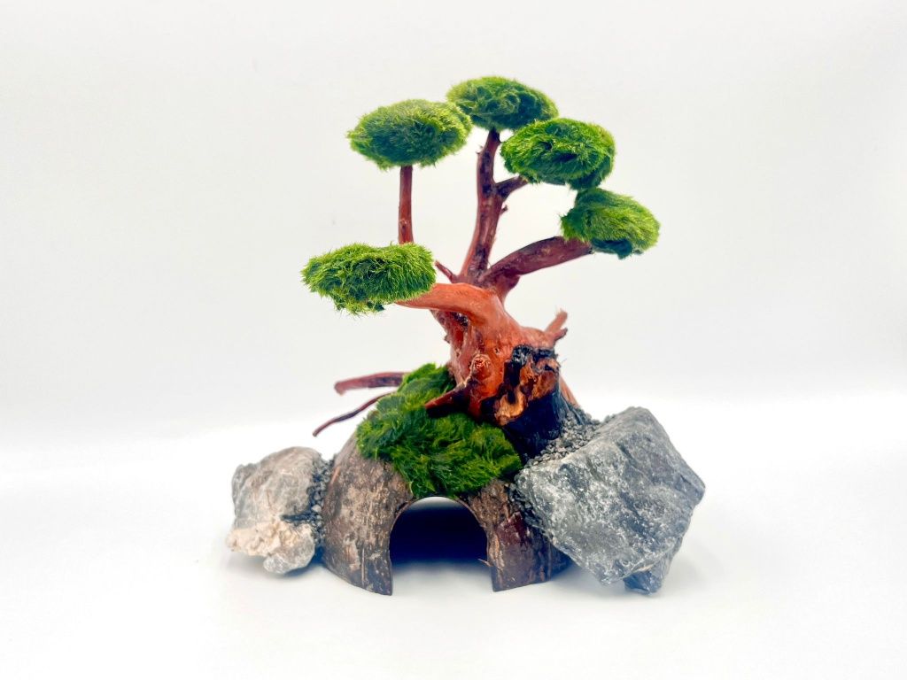 Piękna Ozdoba Aranżacja do Akwarium Drzewko Bonsai z Grotą