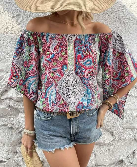 Elegancka bluzka z wyciętymi ramionami wzorem paisley etniczny vintage