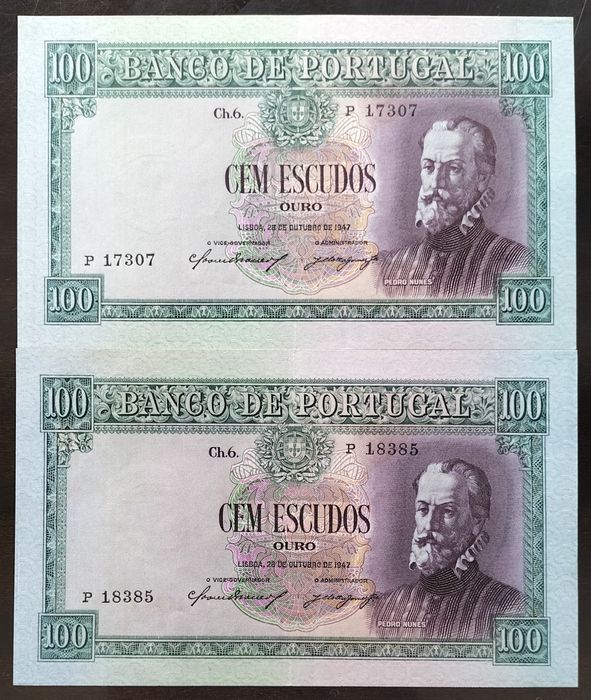 Lote 2 Notas 100$ 1947 Pedro Nunes Estado Belas/Números Aproximados