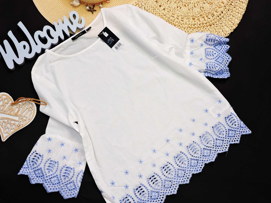 Esmara Nowa biała bluzeczka niebieskie hafty folk S