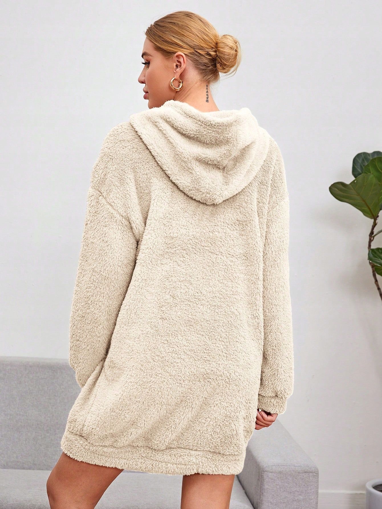 Sukienka Pluszowa Bluza Z Kapturem Beżowa Mini Casual Shein L 40