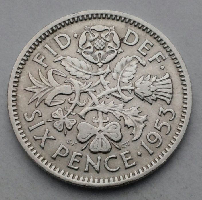 UK Great Britain 6 Pence 1953. Six Cents coin. Elizabeth II.