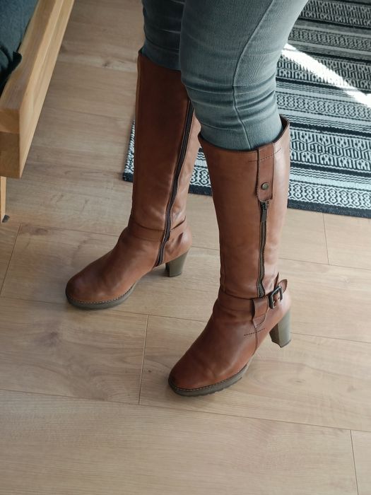 Skórzane kozaki brązowe na grubym obcasie słupku Lasocki 38 skóra
