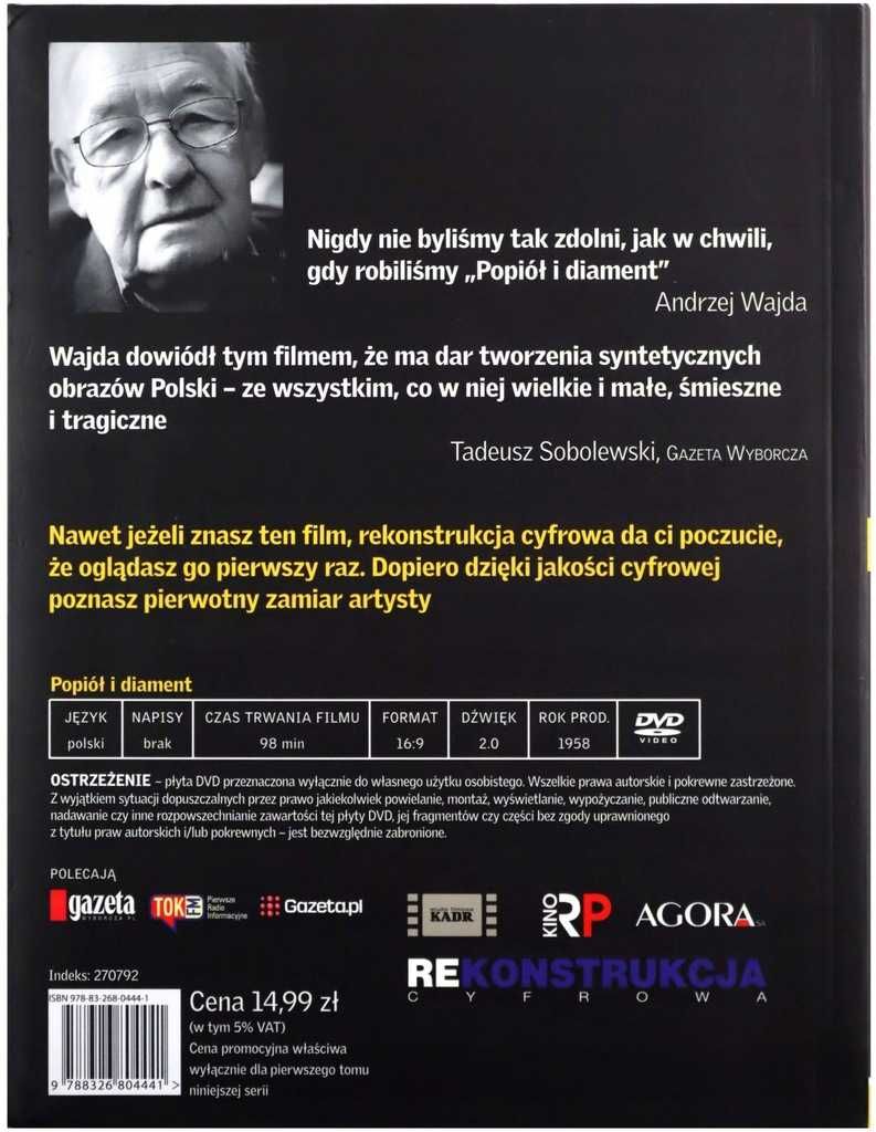 Film POPIÓŁ I DIAMENT WAJDA  płyta DVD nowa folia