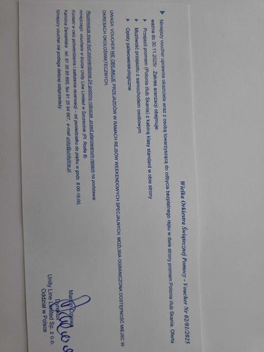 Bilet Unity Line do Szwecji na 2 osoby. Samochód+kabina ważny do 30.11