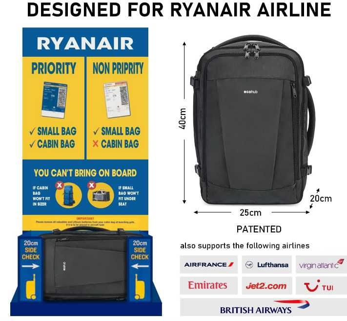 ECOHUB plecak podręczny kabinowy RYANAIR 20 L, 40x20x25cm SZARY