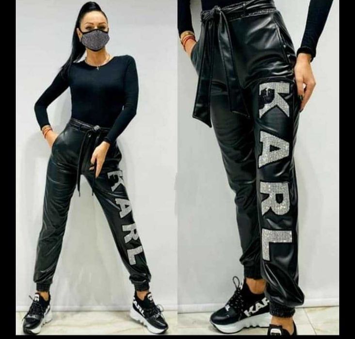 Nowe spodnie damskie z ekoskóry Karl w kolorze czarnym z cyrkoniami sr