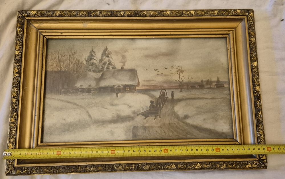 Stary zabytkowy przedwojenny obraz pejzaż na płótnie