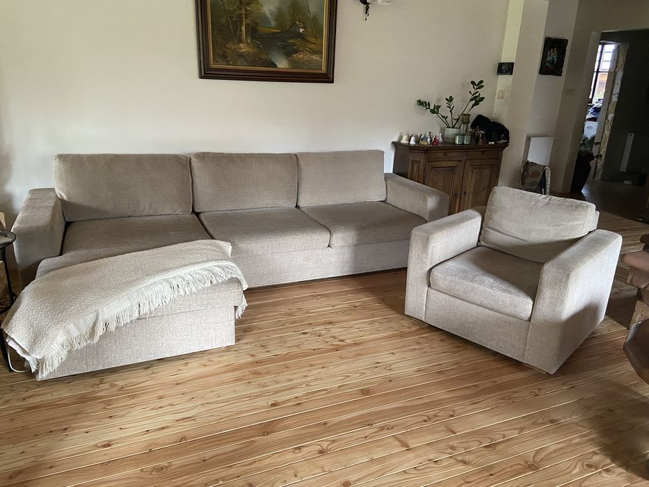 Beżowy narożnik duży WYGODNY stan bdb + fotel - zestaw wypoczynkowy