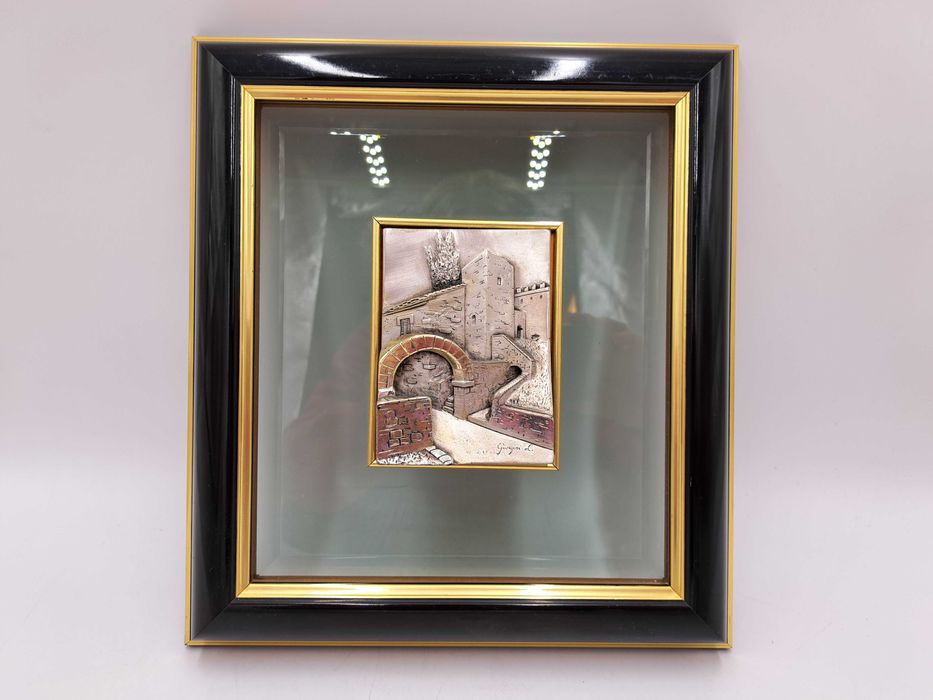 Obraz srebrny wypukły domy brama arkada włoski Giorgini L. 10g srebra