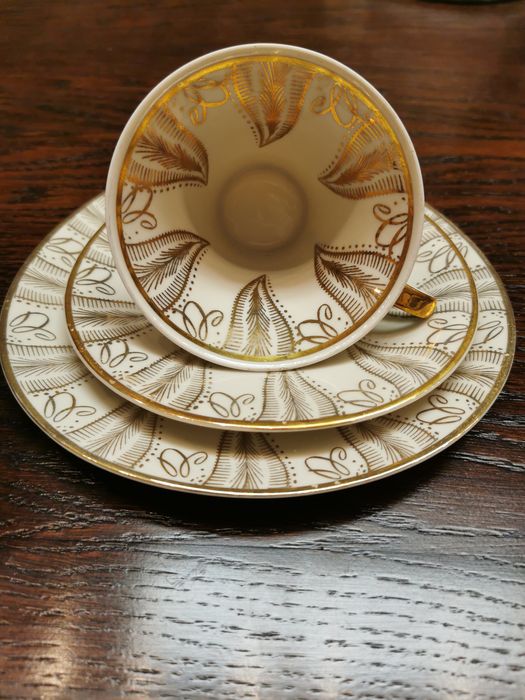 Stara porcelana Trio ecru złoto kwiat Bavaria
