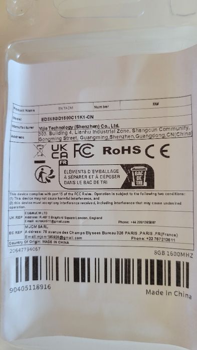 Memória 8Gb ED3X8GD1600C11K1-CN 1600MHz 1.5V D3 12800Dimm