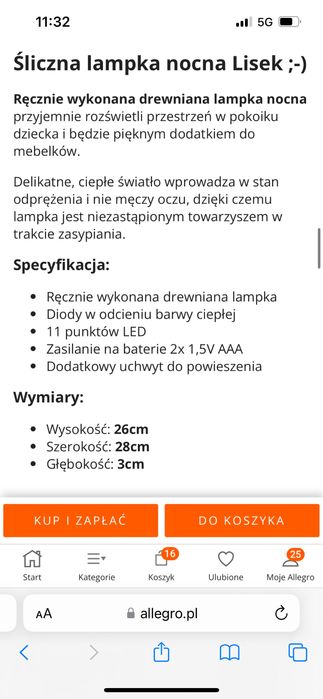 Lampka led lisek na baterie do pokoju dziecięcego