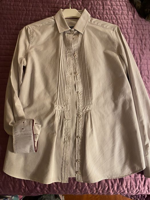 Camisa riscas lilas com pinças na frente