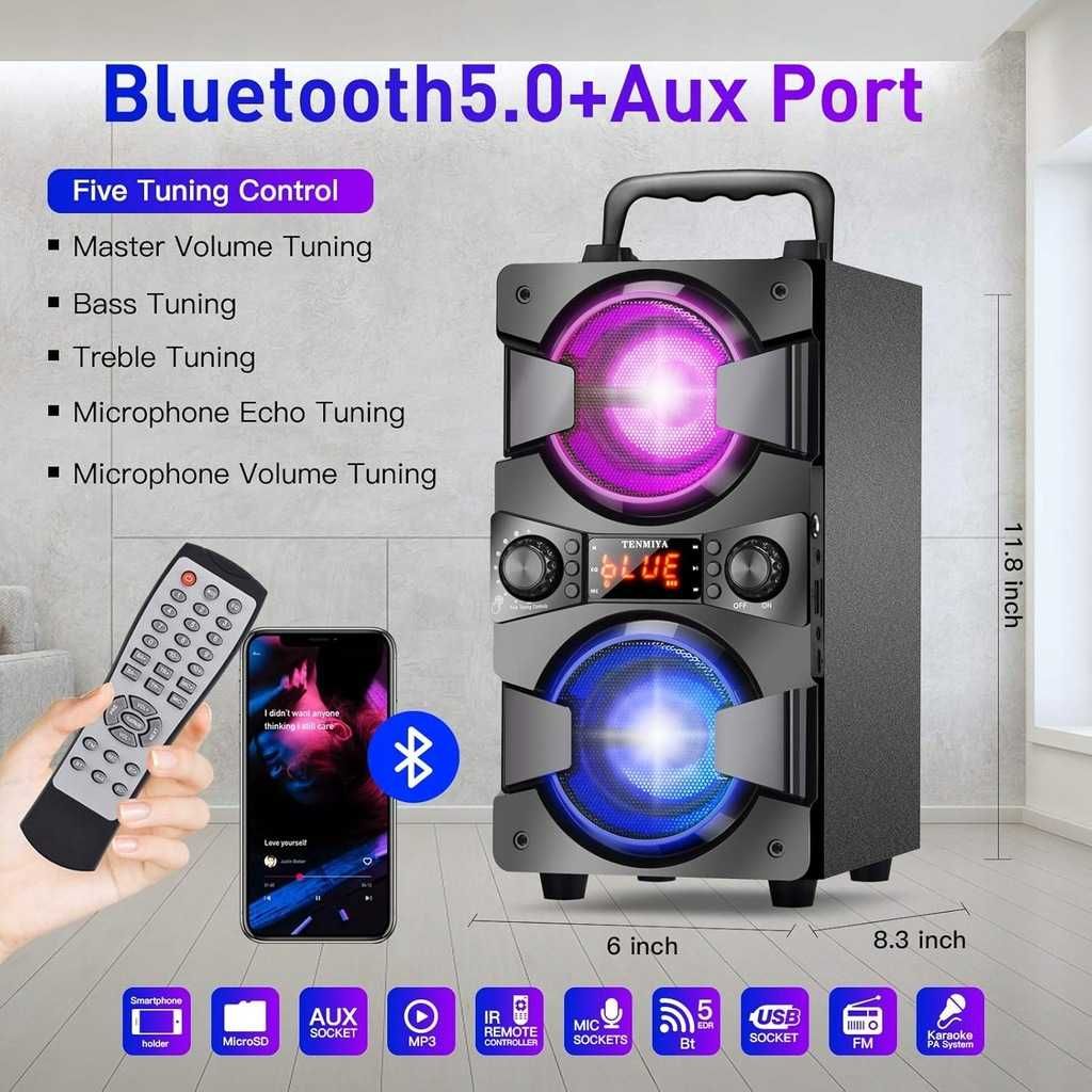 TENMIYA A20 – głośnik Bluetooth z mikrofonem, LED i radiem FM 60W
