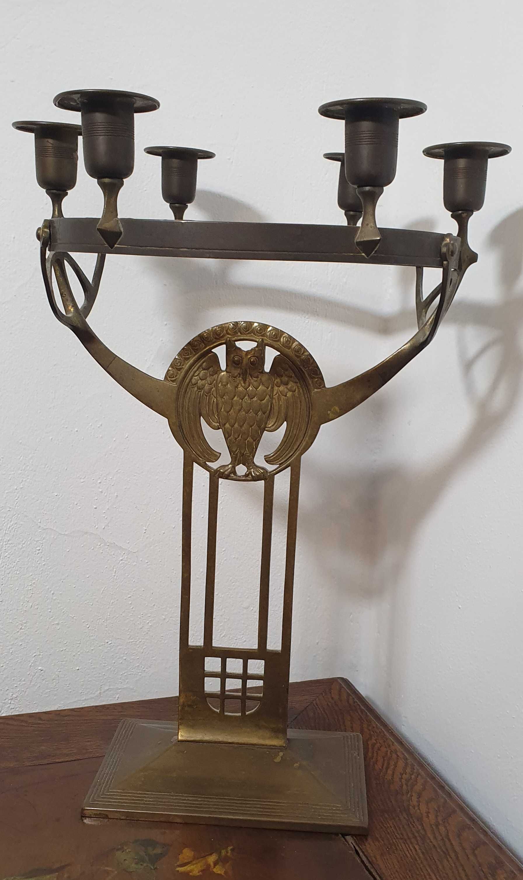 Stary świecznik Art deco Sowa Kandelabr masoński