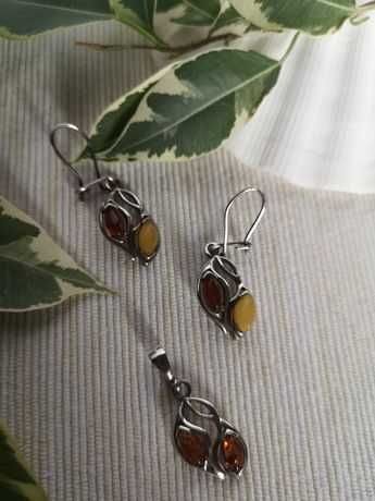 Bursztyn naturalny srebro 925 komplet kolczyki i zawieszka Amber ażur