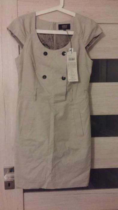Sukienka SIMPLE rozmiar 40 ecru z paskiem kieszeniami NOWA 50% taniej