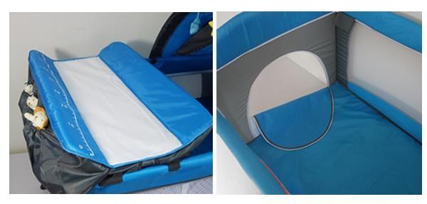 Łóżeczko turystyczne kojec zabawki przewijak 2 poziomy płozy Szare