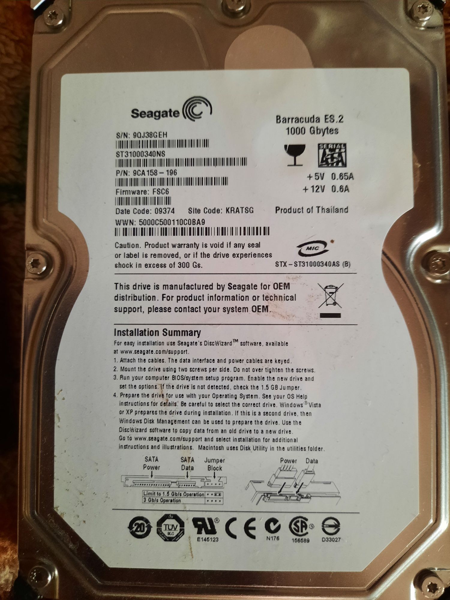 Жорсткий диск Seagate Barracuda ES.2 1TB 7200rpm  ST31000340NS 3.5