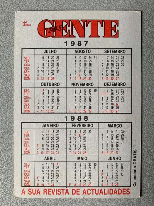 Calendários de 1987/1988 - Revista Gente (preço unitário)