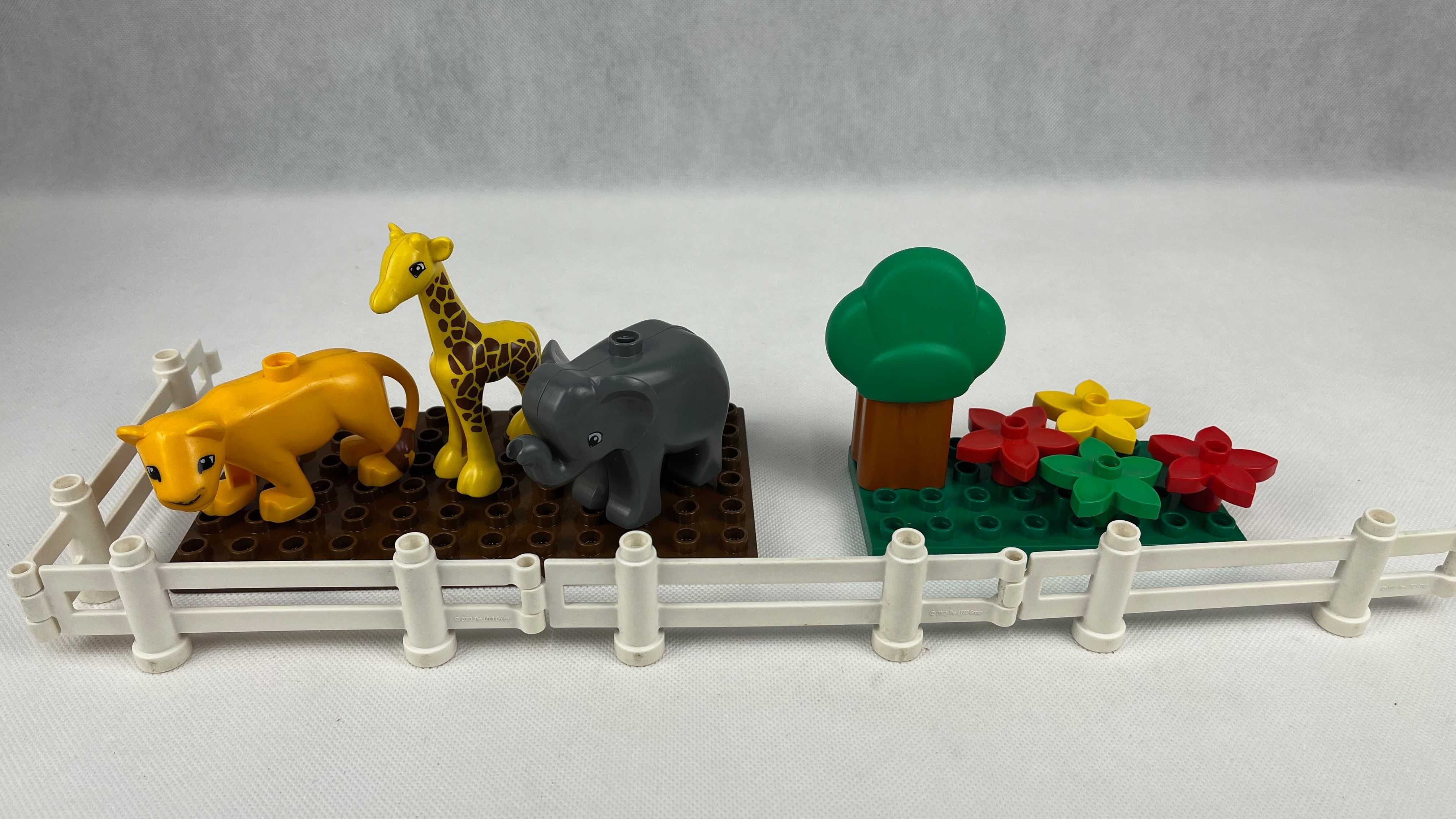 Lego Duplo mini zoo żyrafa słoń lew kwiatki drzewo ogrodzenie