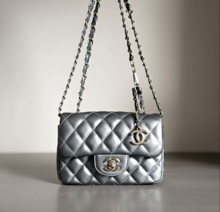 Chanel Mini Square Flap Bag Torebka Metaliczna Szarość z łańcuszkiem