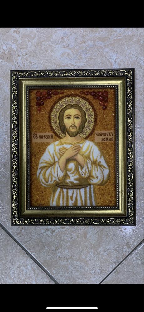Ікона Св‘ятий преподобний Олексій з бурштину