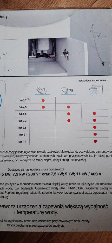 Elektryczny przepływowy ogrzewacz wody Dafi 5,5kW