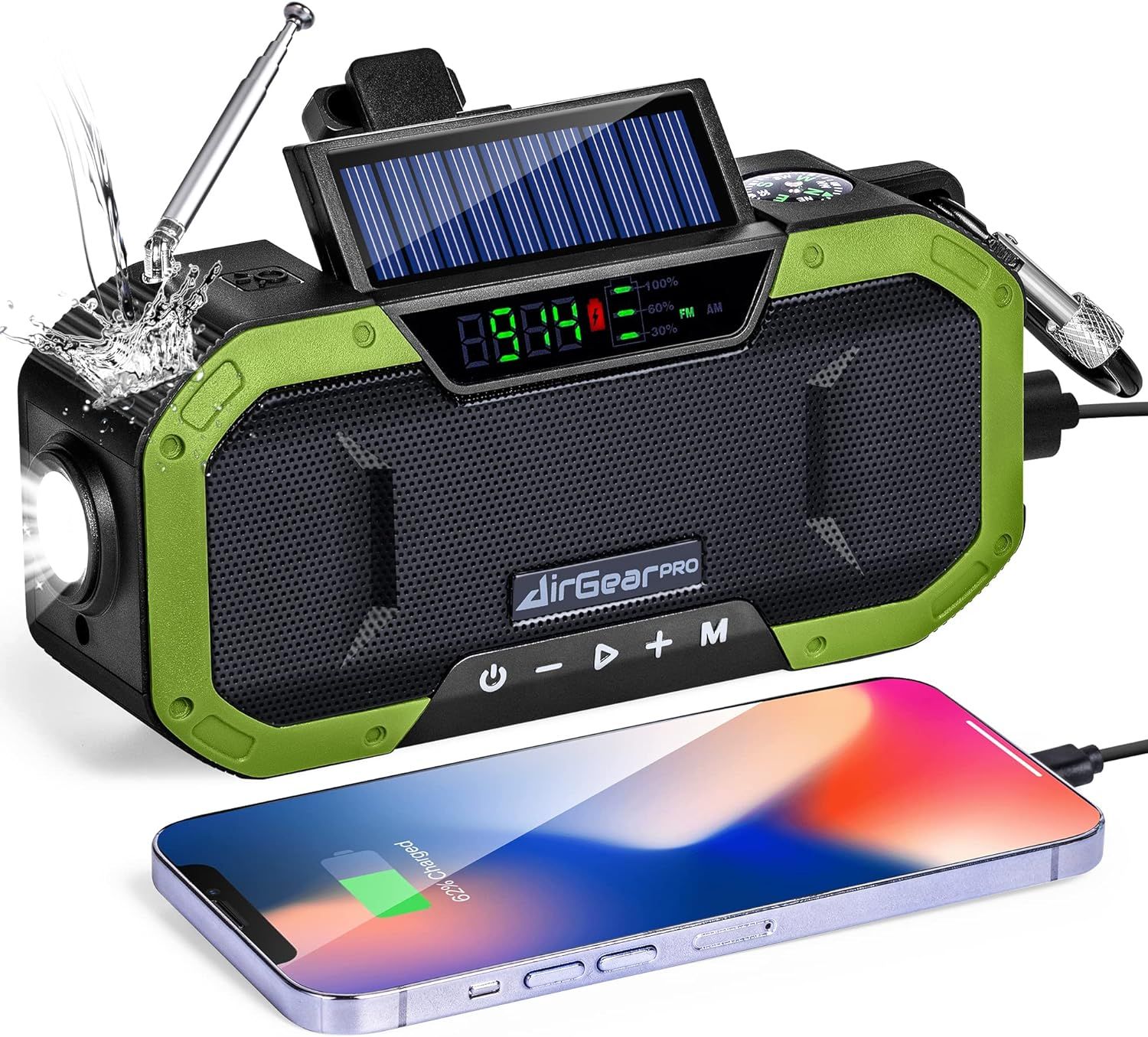Radio USB korbowe solarne z powerbankiem, latarką, kompasem, sos