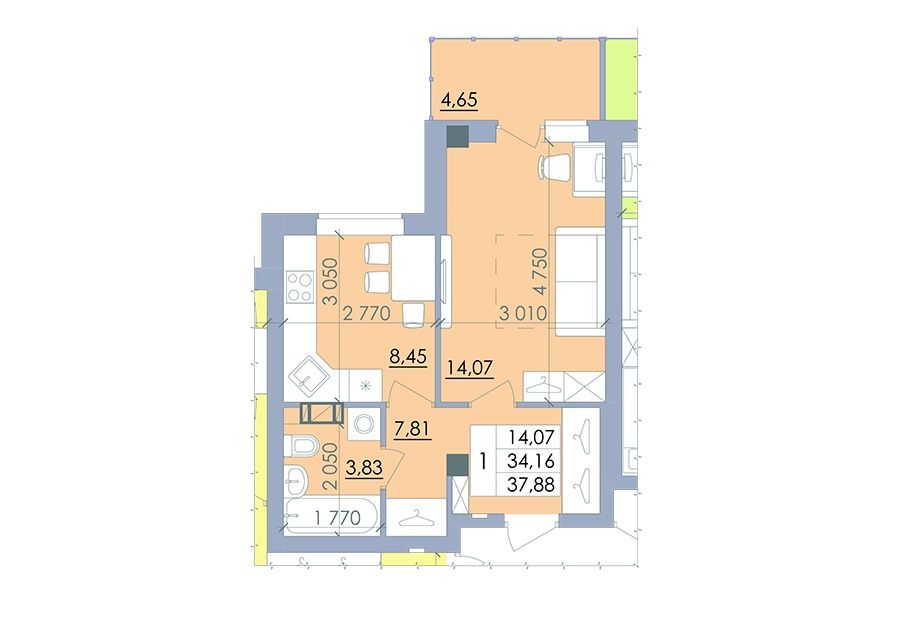 Готова однокімнатна квартира 37,88м.кв. в ЖК "Пелюстковий", Браїлки