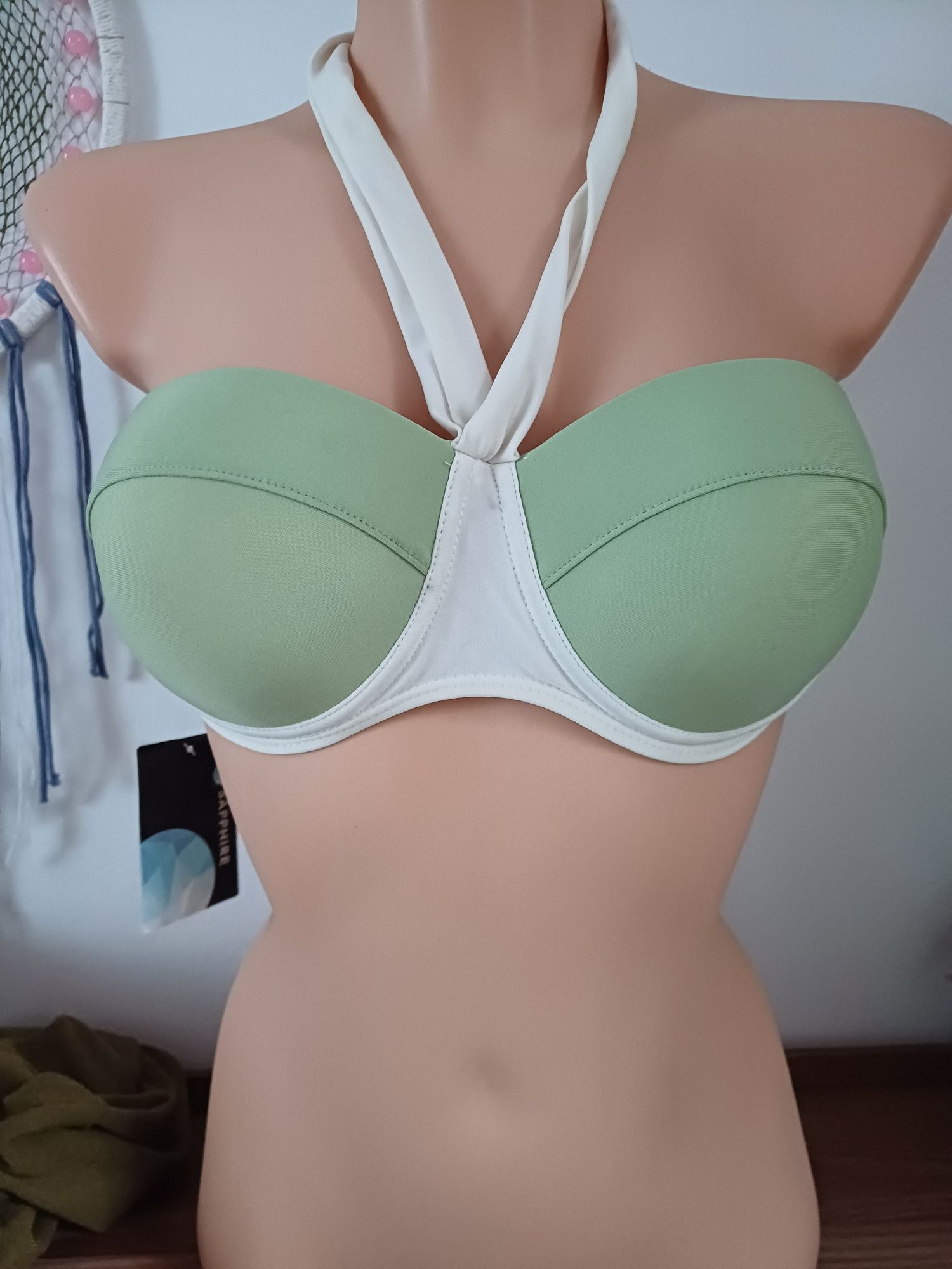 Kostium kompielowy dwuczęściowy zielono kremowy miseczki retro vintage