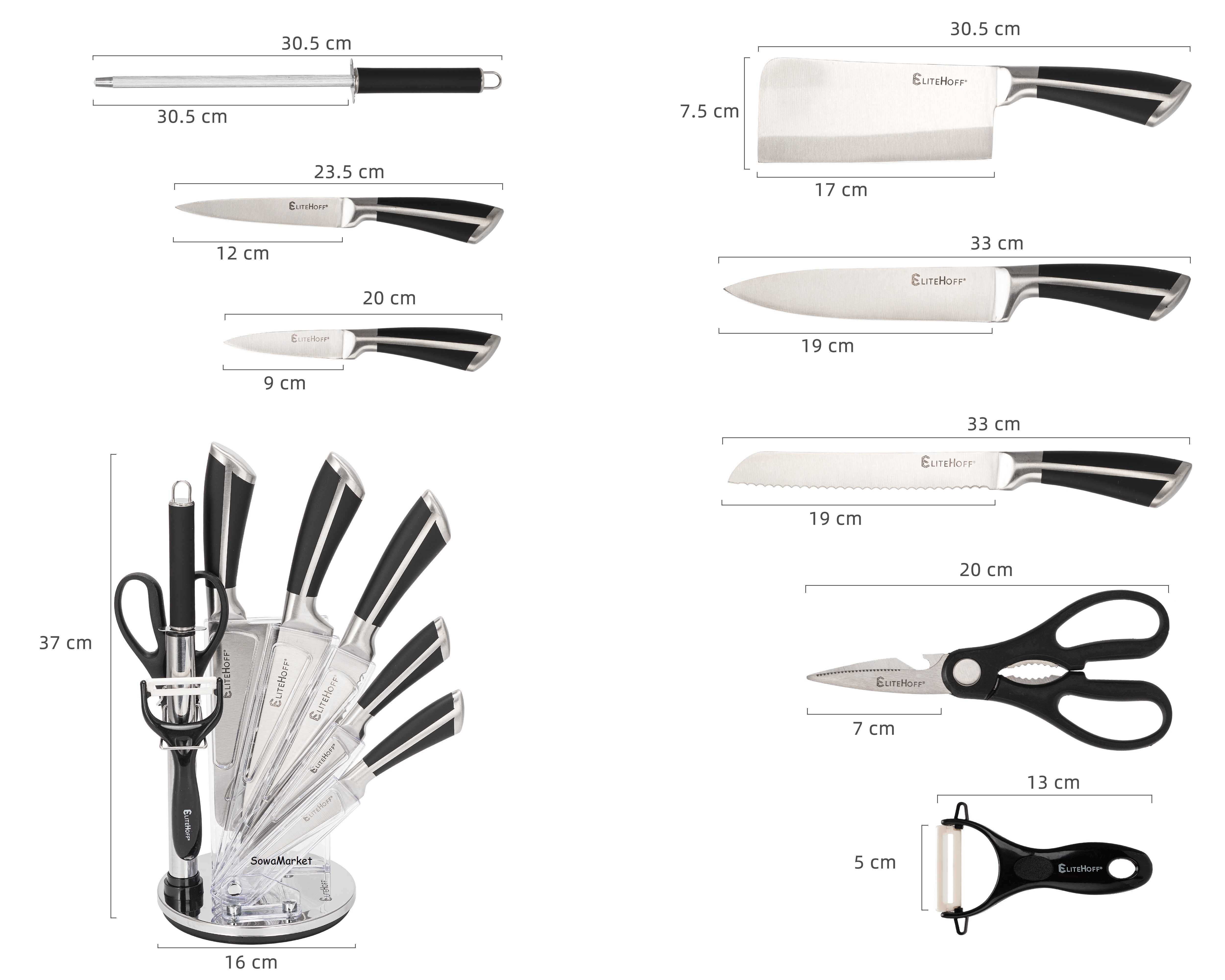 Noże. Zestaw kuchenny na stojaku Elitehoff E-6263