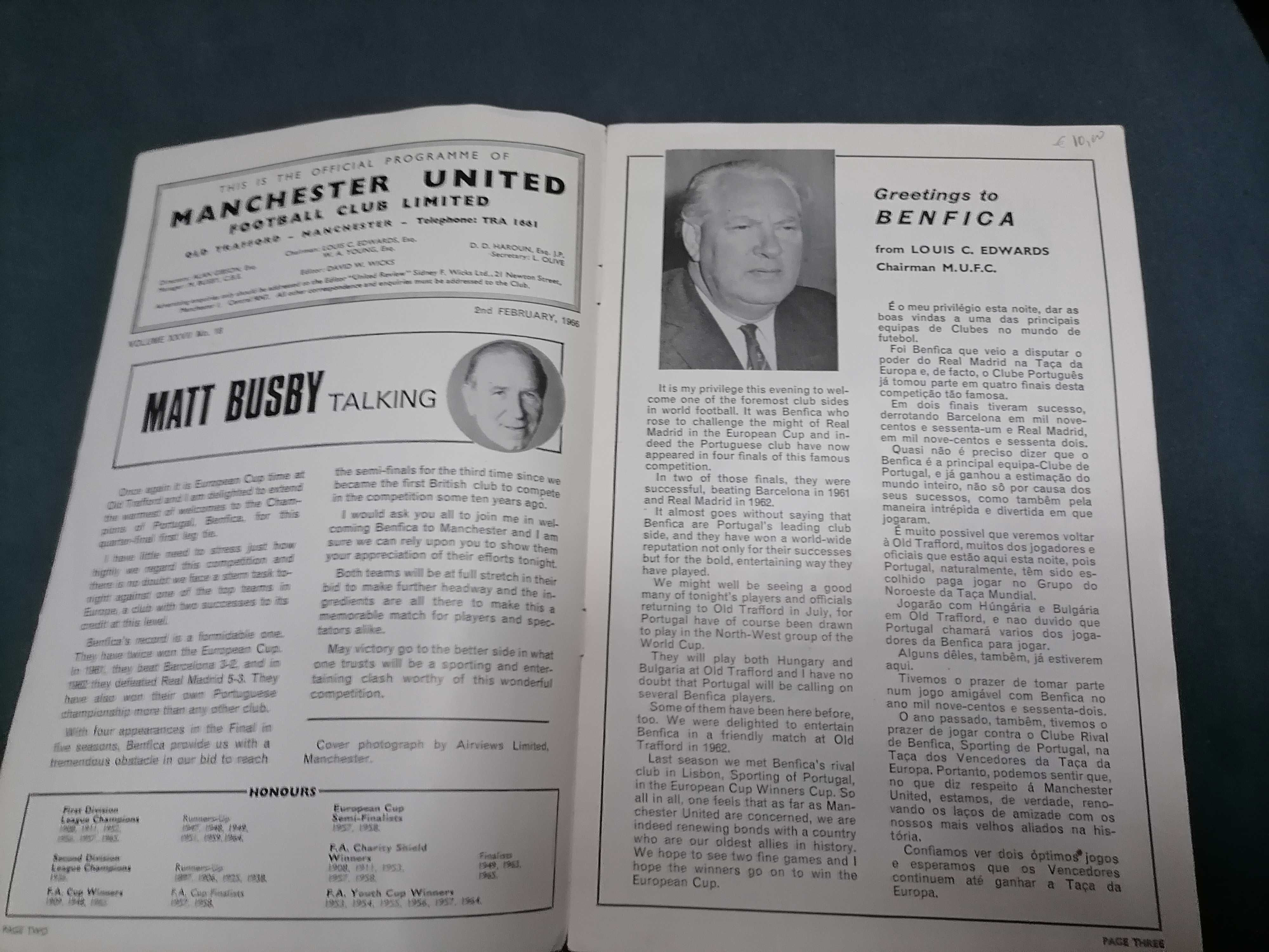 Programa MANCHESTER UNITED vs BENFICA Taça dos Campeões Europeus 1966