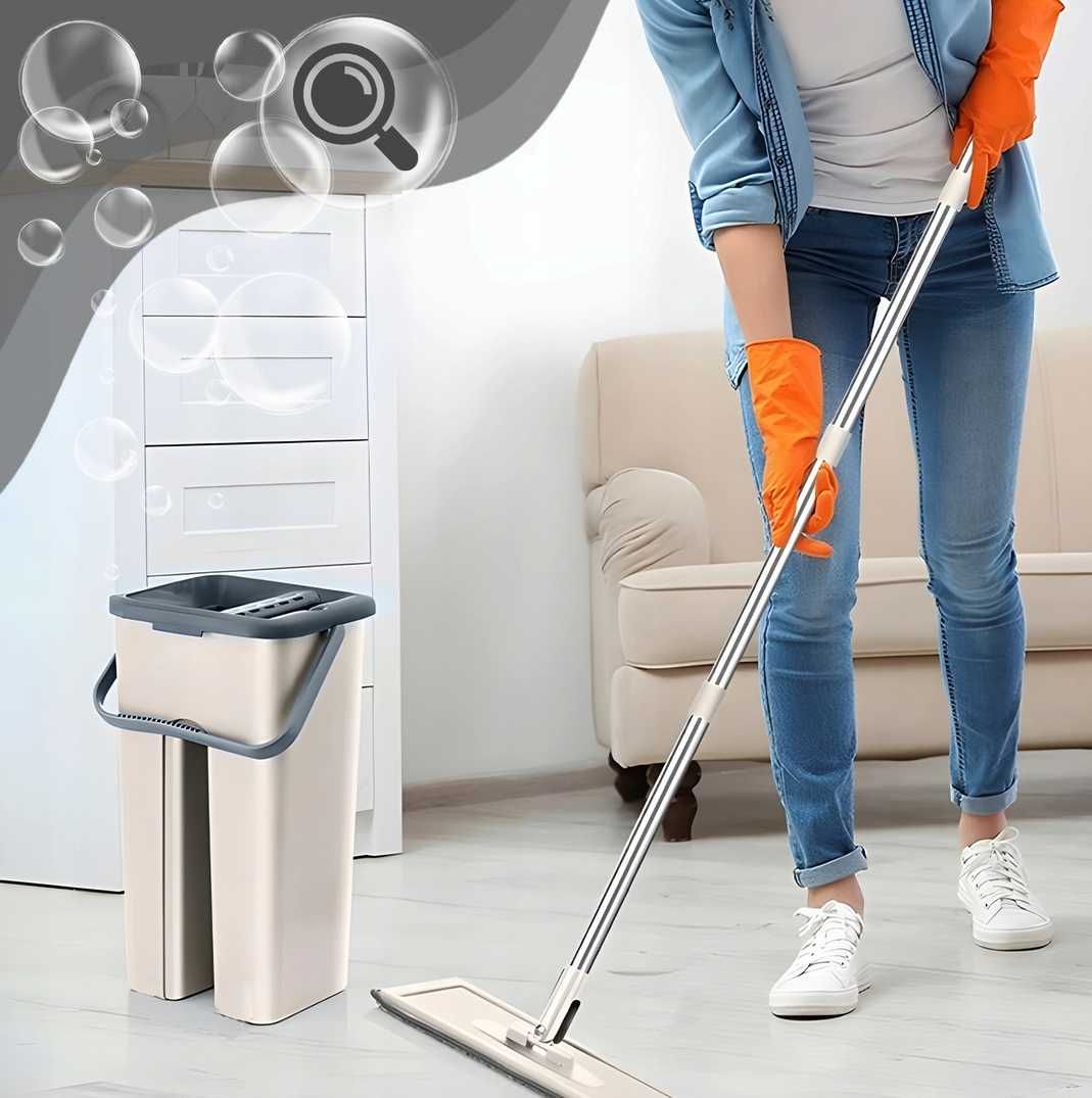 Mop płaski do mycia podłogi obrotowy wyciskacz, wiaderko + 2 wkłady I6