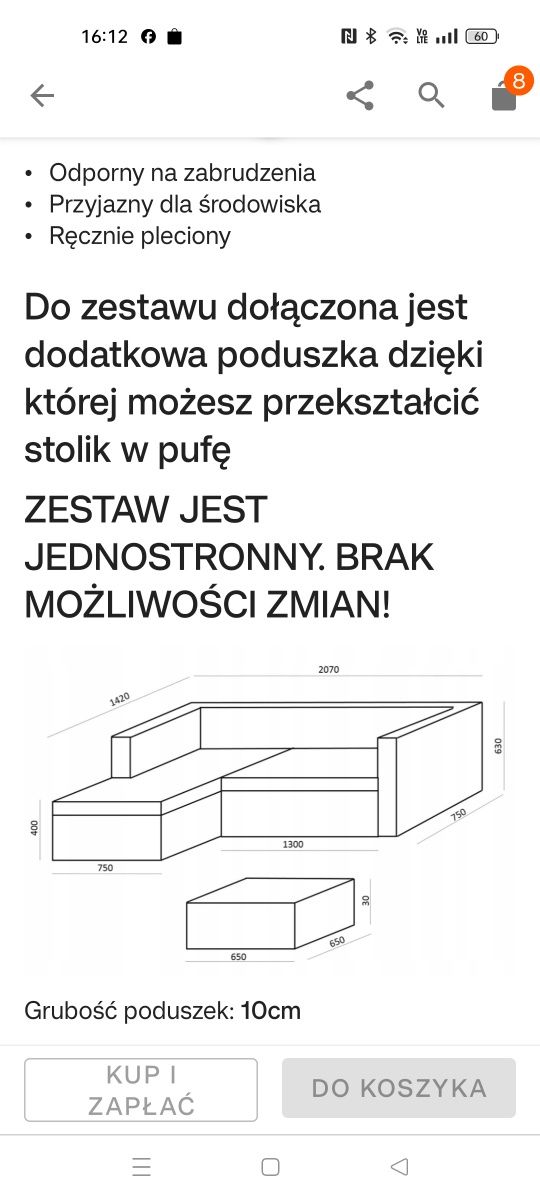 Meble ogrodowe narożnik+stół+6 krzeseł