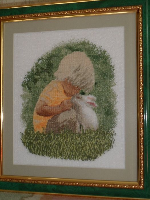 картина вишита хрестиком,малюк і кролик