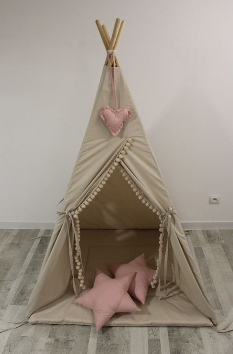 Dostępny od ręki! TIPI namiot beżowy, brudny róż, pomponiki