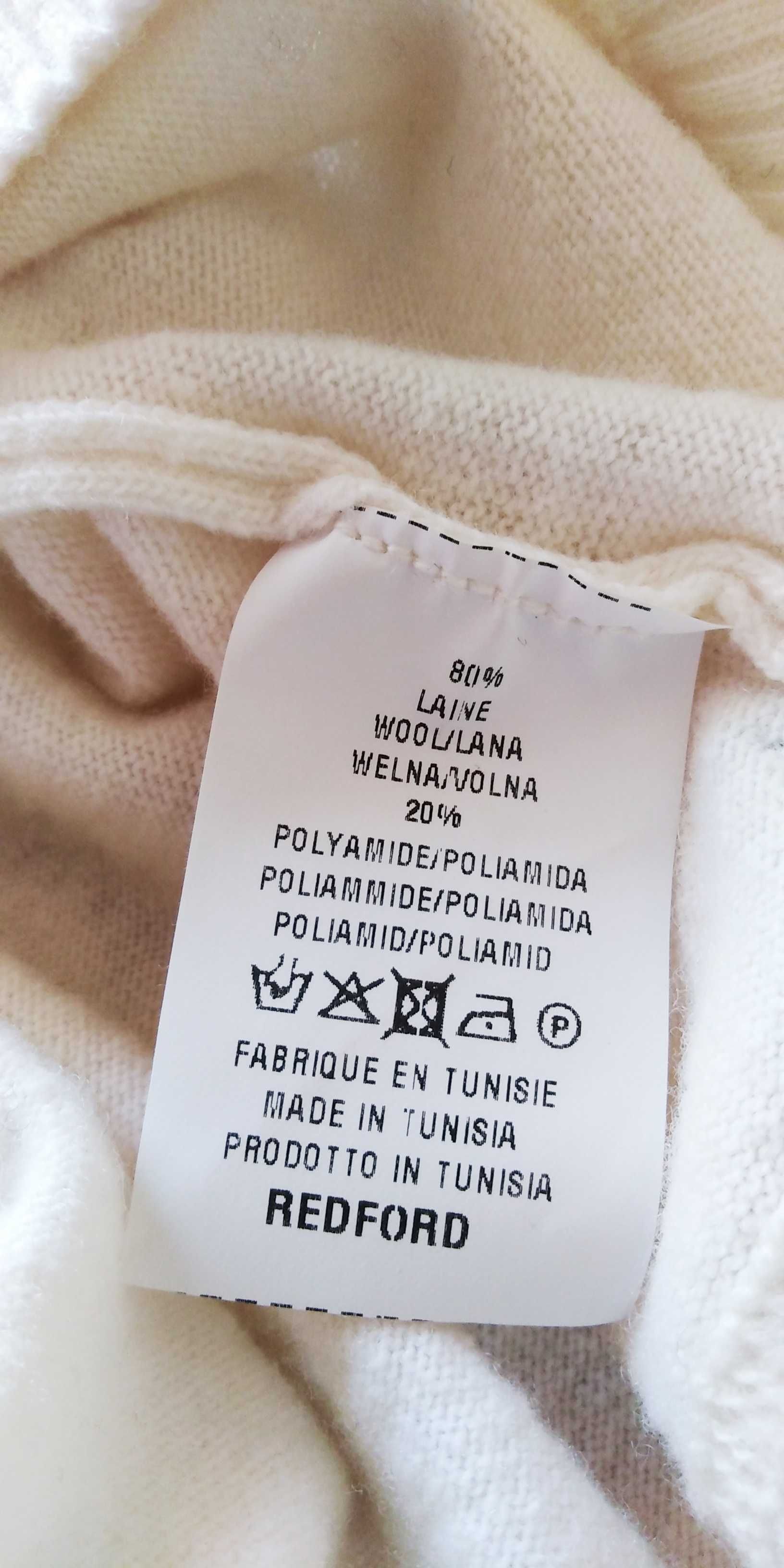 sweter męski uni L/XL wełna merynos kremowa biel styl retro nowy