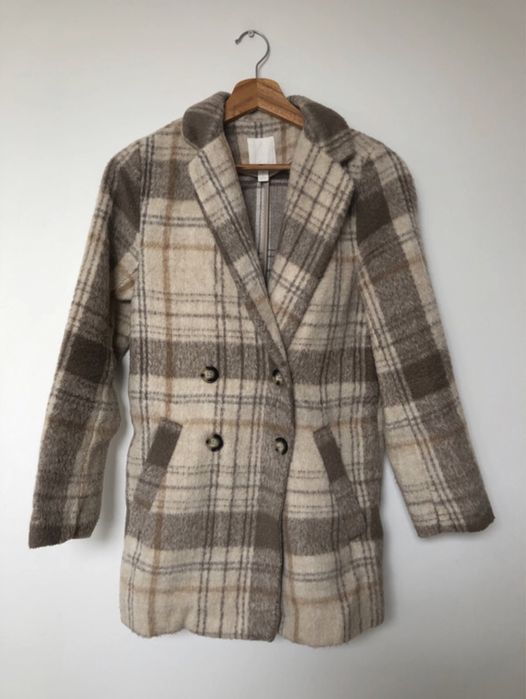 Kurtka płaszcz żakiet H&M 34/36 XS/S krata dwurzędowy beżowy beż