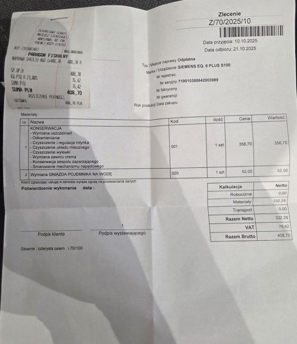 Ekspres do kawy Siemens EQ.6 Plus S100 – stan bardzo dobry