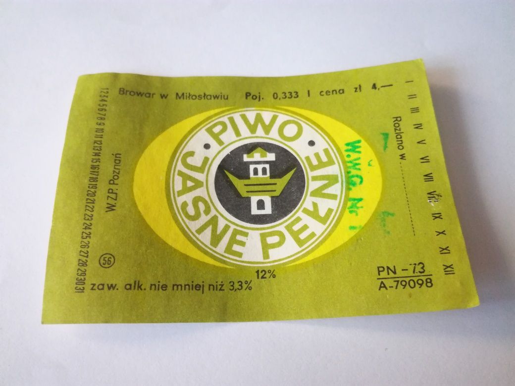 Etykieta piwna Browar Miłosław 1973 po piwie